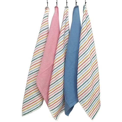 OLIVIA ROCCO 5 Pack Cotton Kitchen Tea Towels Striped Ribbed Waffle 45cm x 65cm Quick Dry Super Absorbent Machine Washable Durable