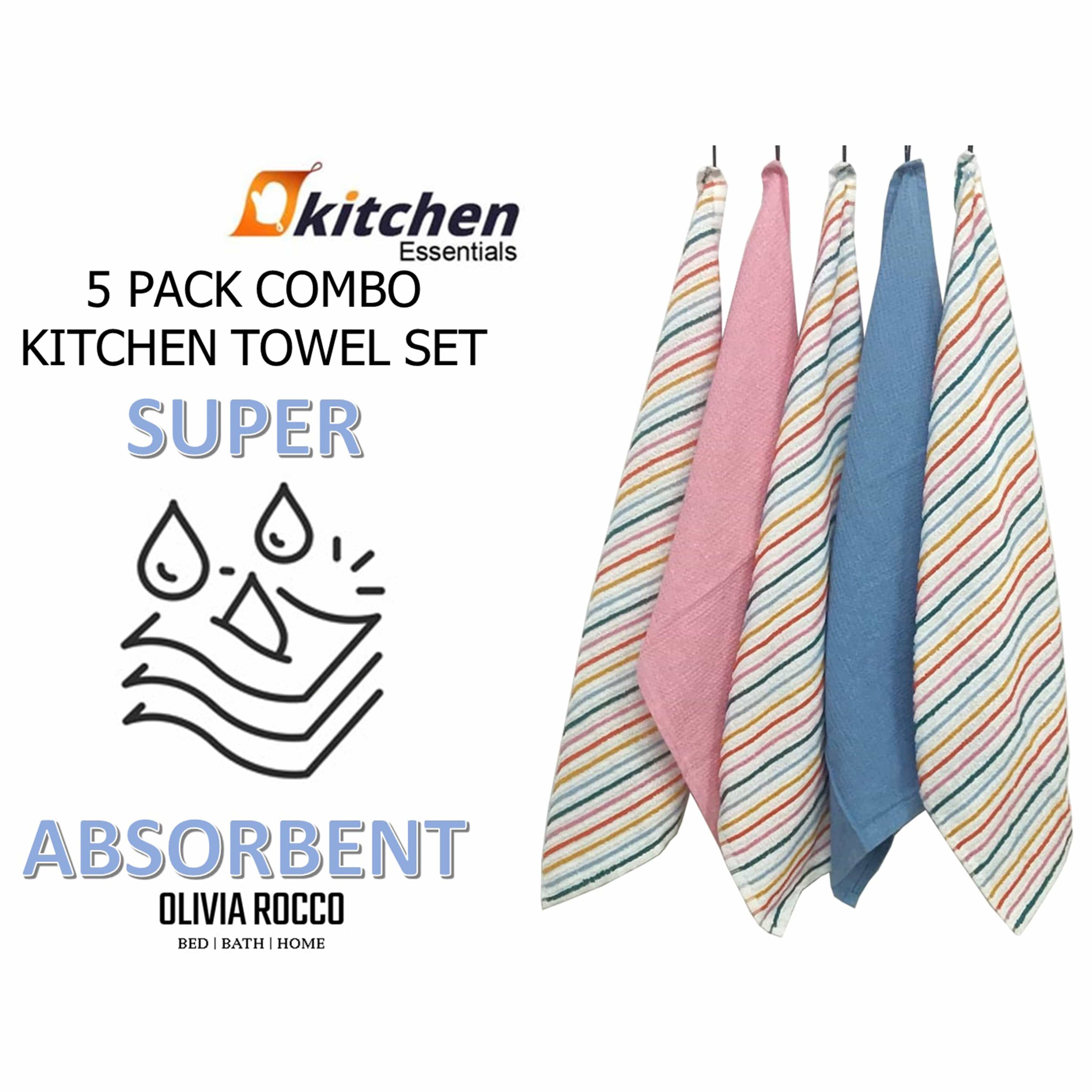 OLIVIA ROCCO 5 Pack Cotton Kitchen Tea Towels Striped Ribbed Waffle 45cm x 65cm Quick Dry Super Absorbent Machine Washable Durable
