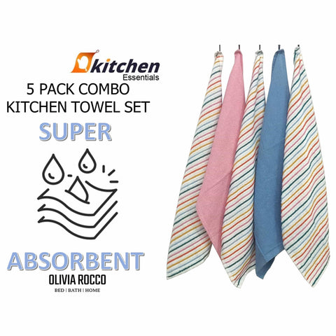 OLIVIA ROCCO 5 Pack Cotton Kitchen Tea Towels Striped Ribbed Waffle 45cm x 65cm Quick Dry Super Absorbent Machine Washable Durable