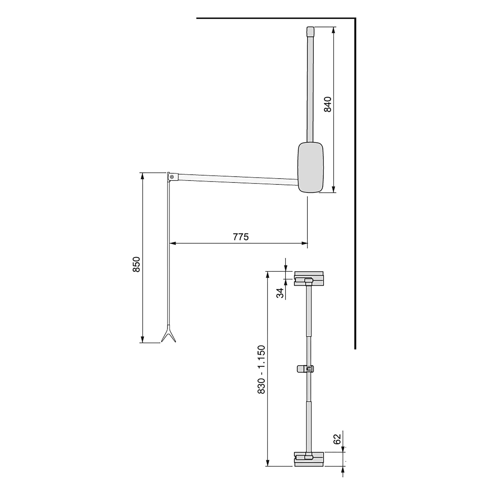 Emuca - Pull down hanging rail for wardrobe, pull down wardrobe rail lift, adjustable width 830-1150mm, titanium colour