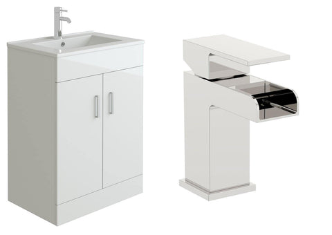VeeBath Sphinx 600 Vanity Unit with Basin and Waterfall Mixer Tap, Floor Standing Cabinet Rectangular Ceramic Wash Basin for Bathroom Furniture with