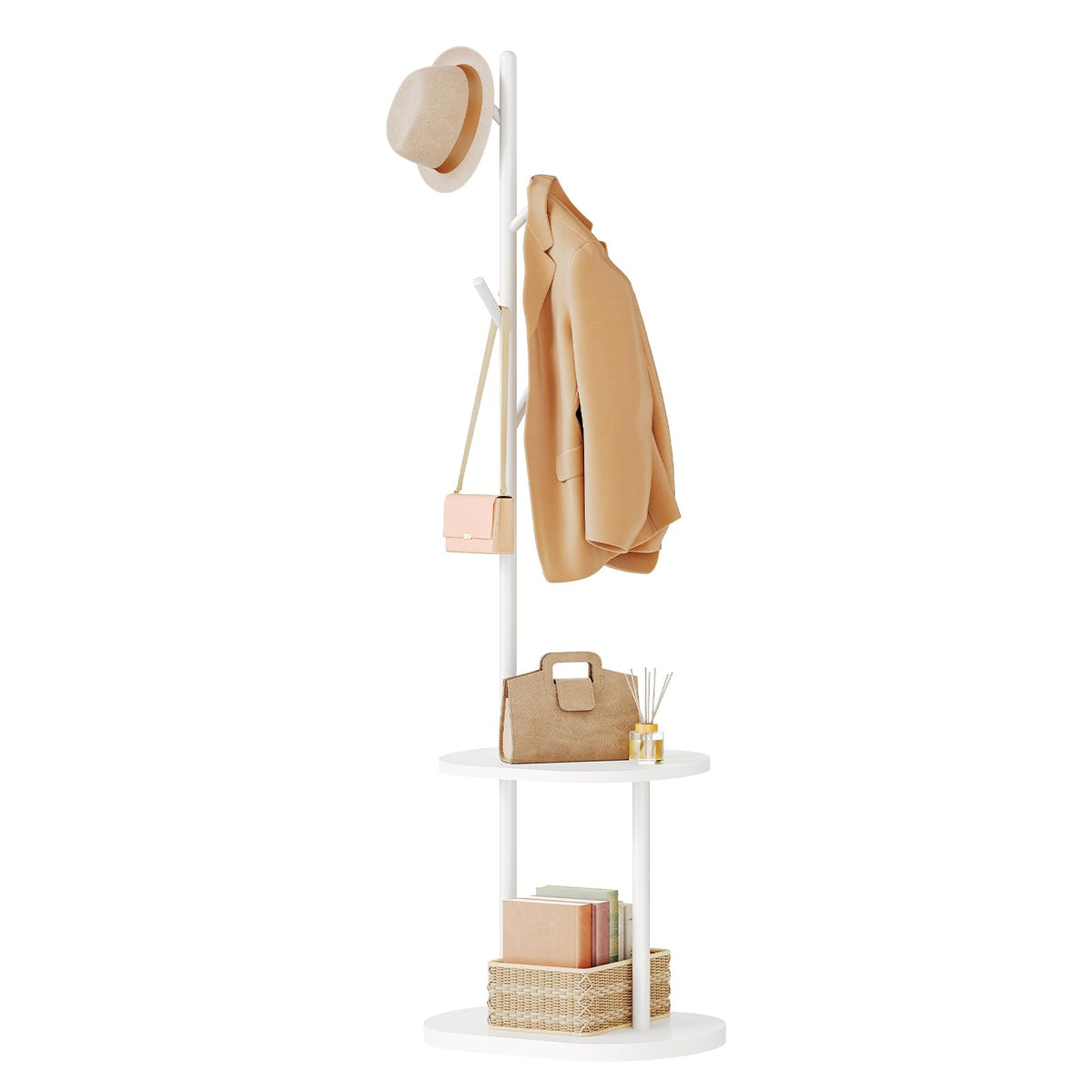 HOOBRO Coat Stand, Freestanding Coat Rack with 2 Shelves and 4 Hooks, Coat Stands for Hallway, Hall Tree Clothes Rail with Thickened Base