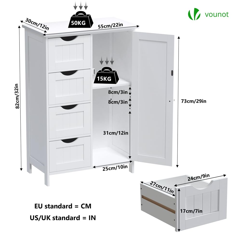 VOUNOT® Bathroom Floor Storage Cabinet, Freestanding Storage Unit with Adjustable Shelf, 4 Drawers & Door, for Bedroom, Kitchen, Living Room