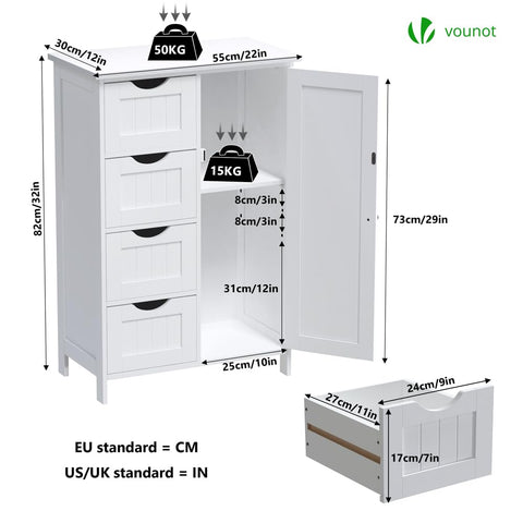 VOUNOT® Bathroom Floor Storage Cabinet, Freestanding Storage Unit with Adjustable Shelf, 4 Drawers & Door, for Bedroom, Kitchen, Living Room