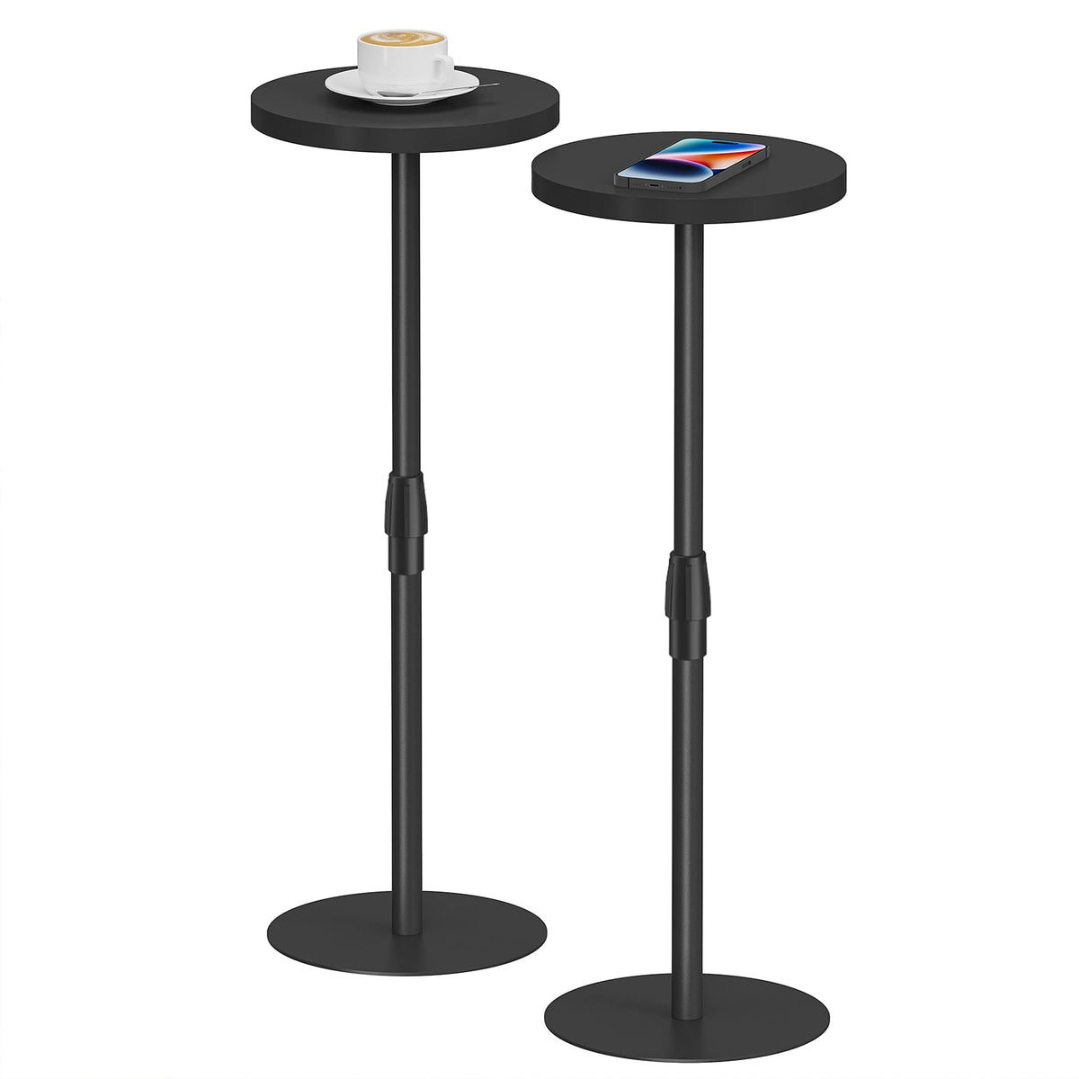 TUTOTAK Tall Round Side Table, Adjustable height, Small End Table, Set of 2, Drink Table, Pedestal Side Table, livingroom, Black TB01BK0962EU