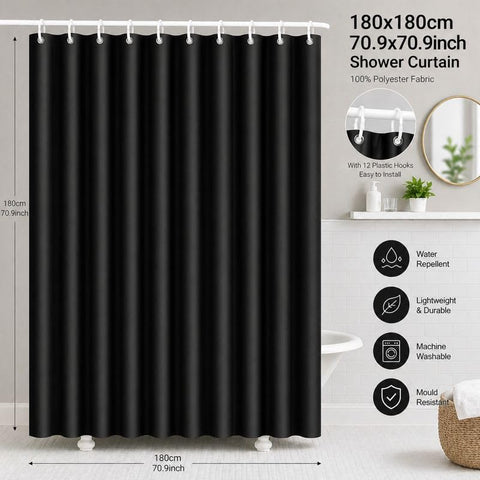 FAVORTALK Black Shower Curtains Waterproof Polyester Fabric Shower Curtain Mould Proof Mildew Resistant 180x180cm Solid Bathroom Curtain Set with 12