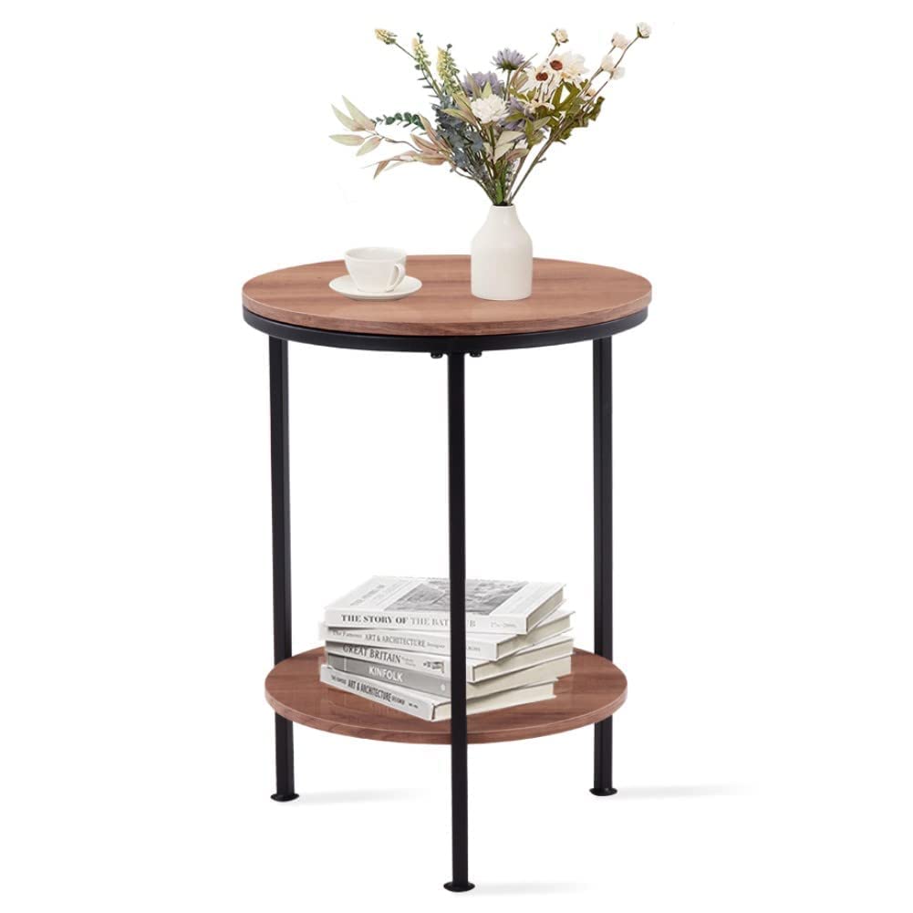 GOLDFAN Round Side Table Small Coffee Table Living Room Telephone Bedside Table Sofa End Round Brown