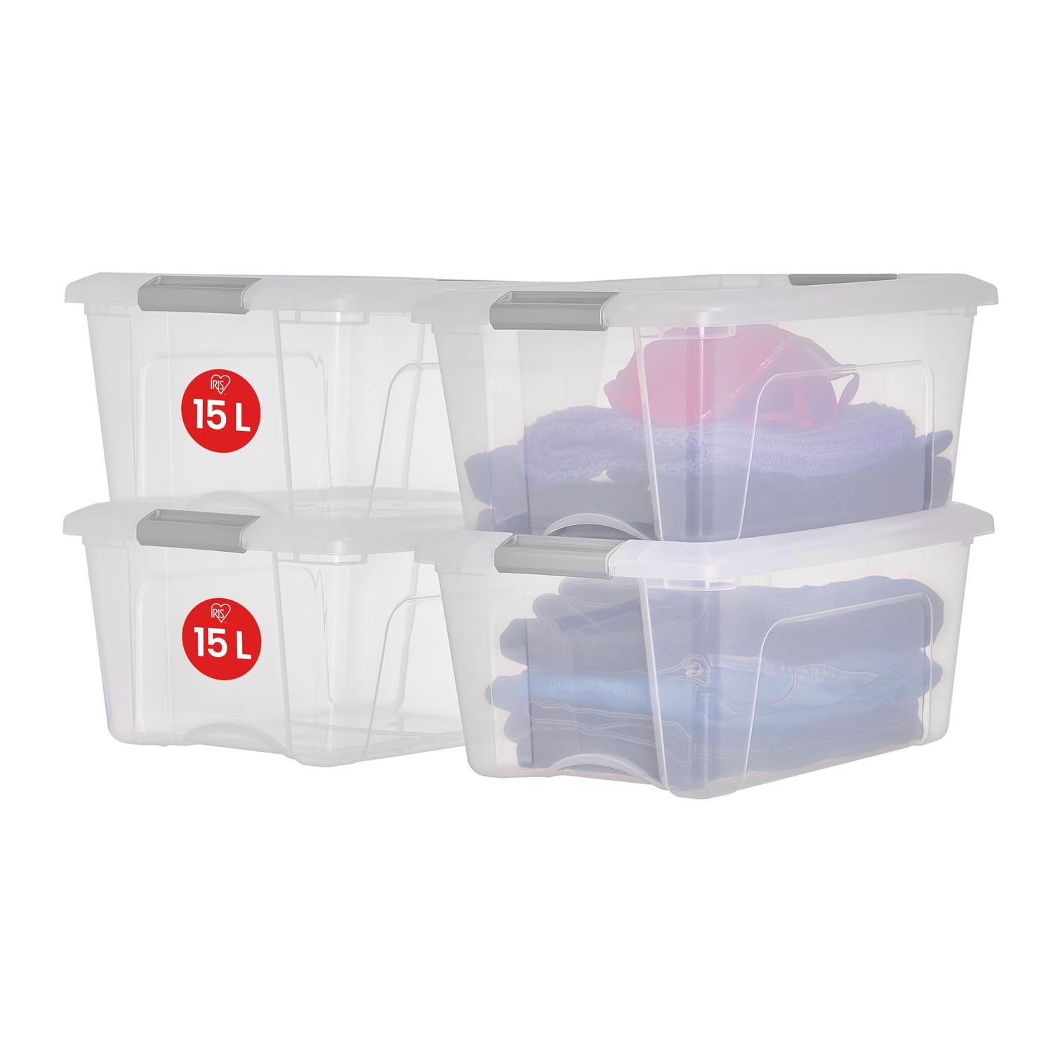 Iris Ohyama Storage Boxes with Lids, 15L, Set of 4, Silver, Secure Buckles, Stackable, Pull-Handles, For Bedroom, Closet, Office, Organisation