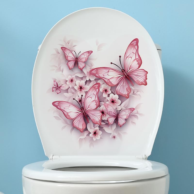Pink Butterfly Flower Toilet Cover Sticker Decals,Fish Bird Flower Leaf Waterproof Toilet Lid Tank Seat Decals Cistern Self-Adhesive Bathroom Wall