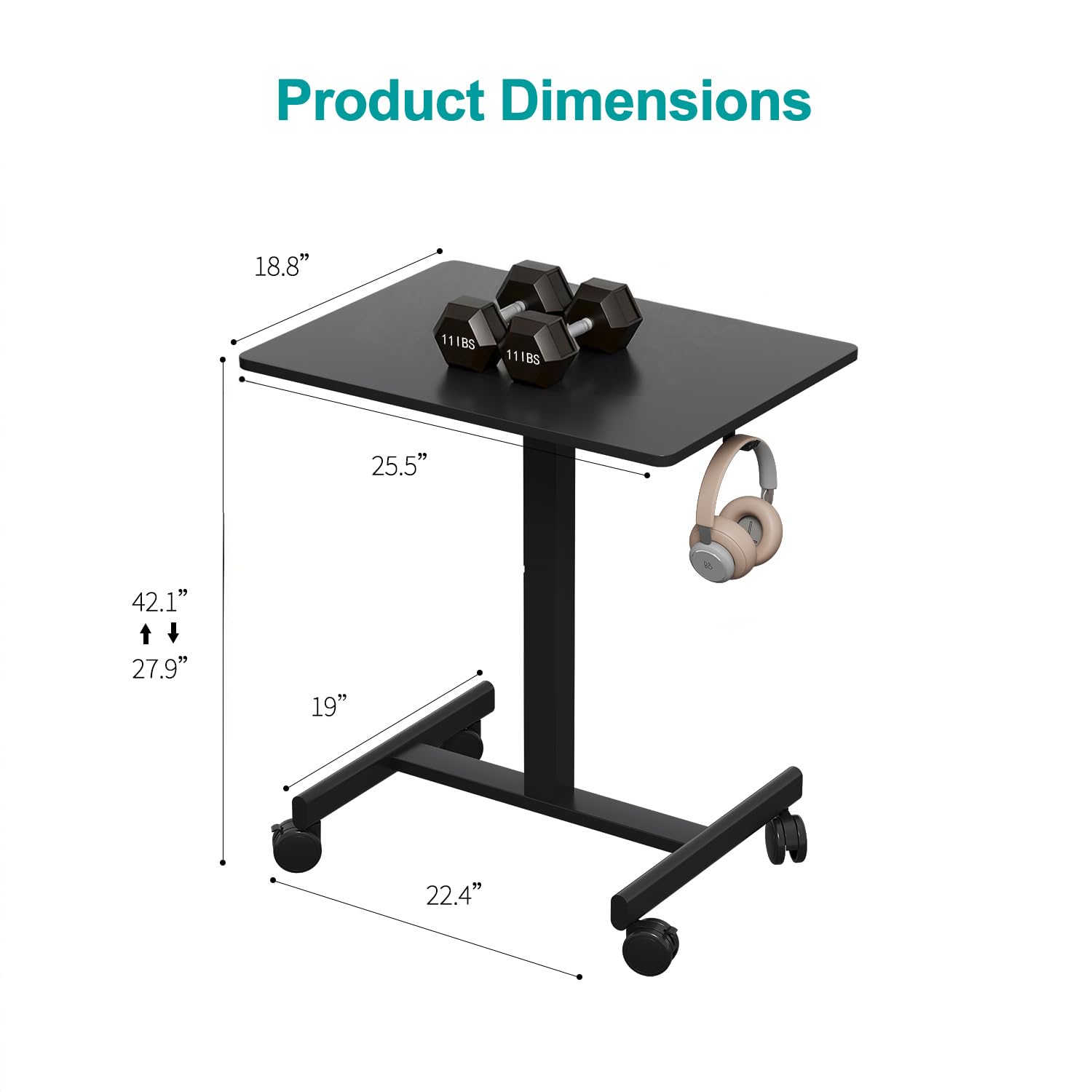 Gamork Mobile Desk on Wheels, Pneumatic Height Adjustable, Black