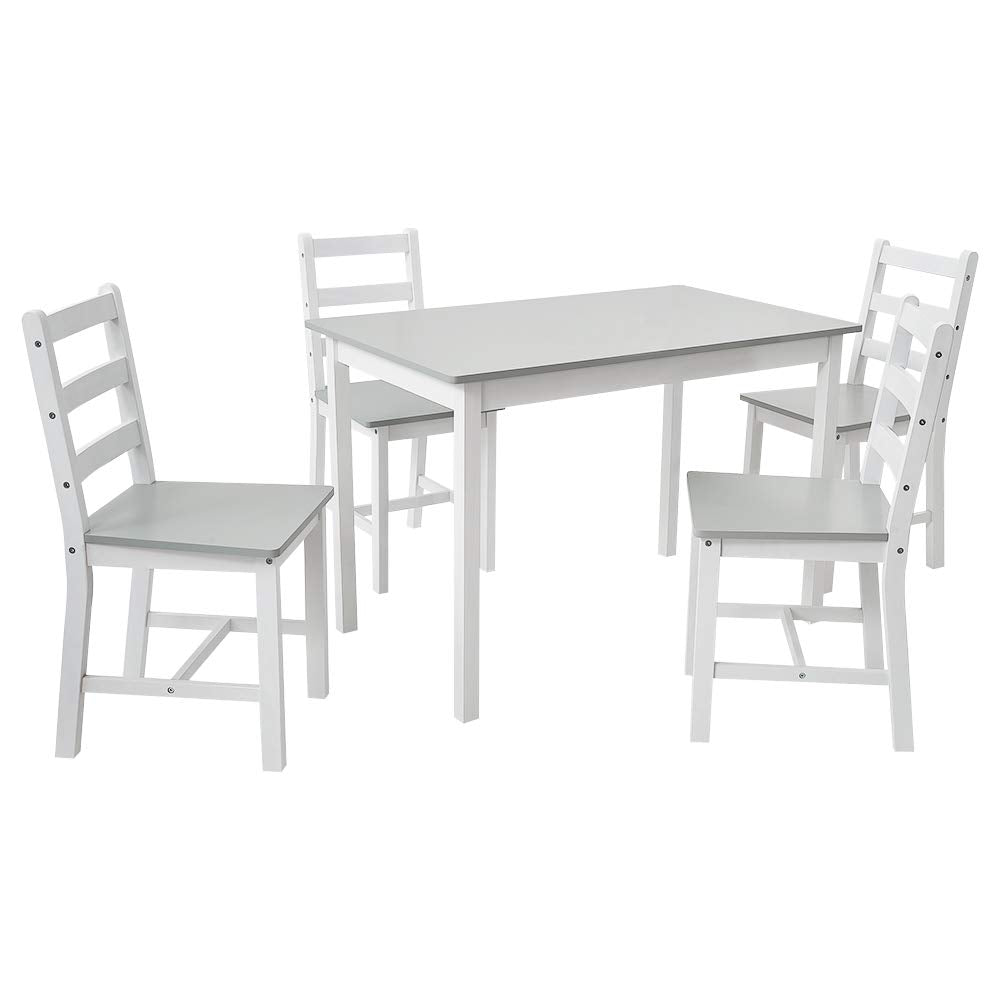 Panana Pine Wood Dining Table and 4 Chairs Set, 5-Piece Home Kitchen Furniture Set (Grey White)