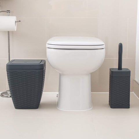 Addis Faux Rattan Square Bathroom Set Includes Swing Bin & Toilet Set Brush, Calico Linen - Faux Leather Plastic, Charcoal
