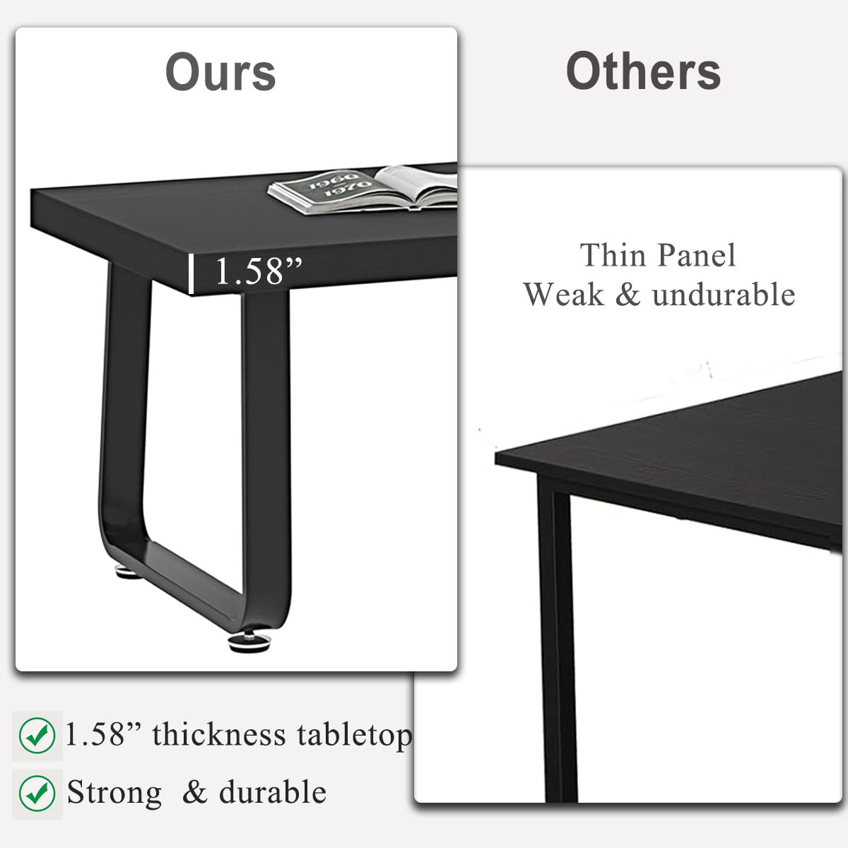 HSH Black Oak Coffee Table, 55D×100W×46.5H cm, Rustic Industrial Wooden Coffee Table for Living Room Bedroom Office