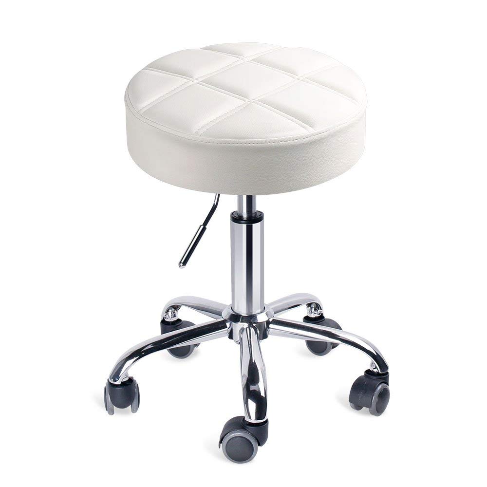 Round Swivel Beauty Stool Adjustable PU Leather Seat (White / Φ14")