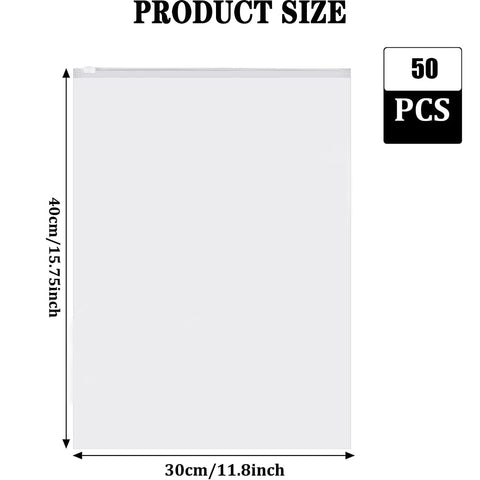 QISF 50 Pack Reusable Ziplock Bags for Clothes，40 x 30cm Large Plastic Hospital Bags，Travel Clothe Storage Bags，Clear Seal Bags Waterproof Luggage