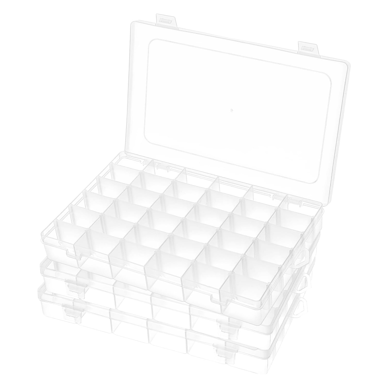 Woobroo 3 Pack 36 Compartment Storage Boxes with Adjustable Dividers – Transparent Stackable Plastic Organiser Box for Beads, DIY Crafts, Jewellery