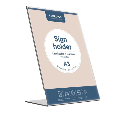 EUROPEL A3 Acrylic Table Display Stand – L-Shape Stable Base, Slanted Back, Side Loading, UV Resistant, for Restaurant, Hotel, Office and Reception