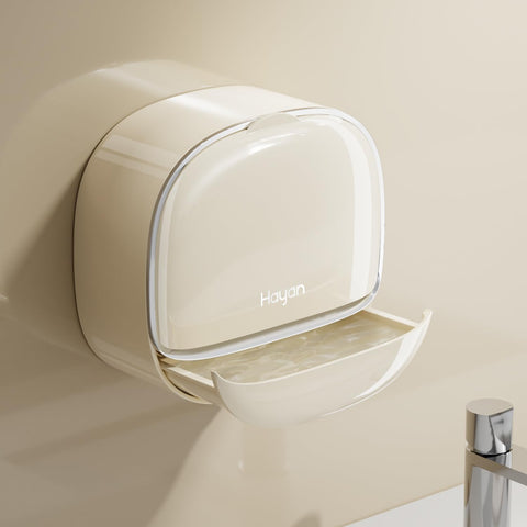 Soap Holder with Drainage & Lid, Plastic Self Adhesive Wall Mount Bar Dish Holder for Bathroom Shower (Creamy white)