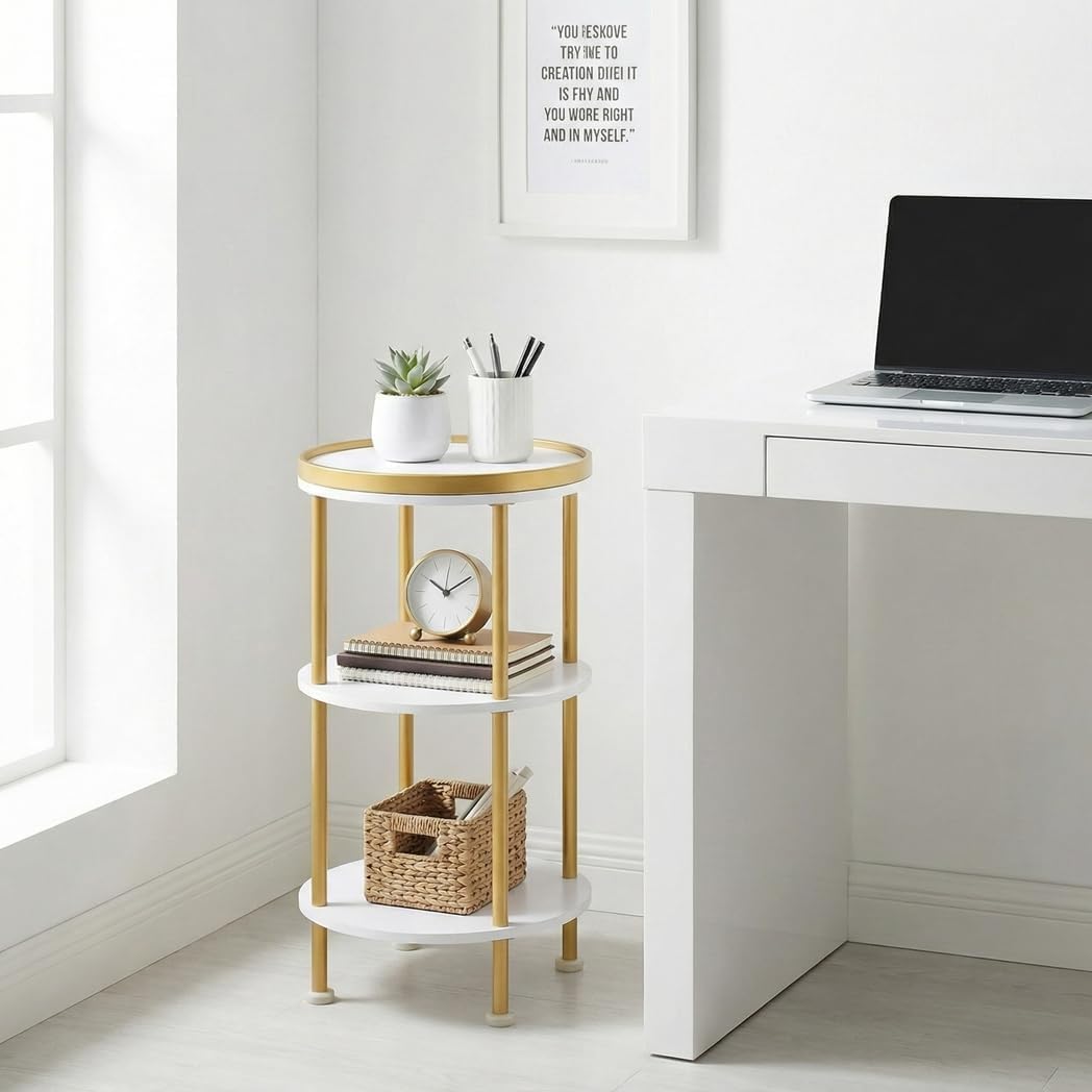 Small Round Side Table, Gold Round End Table with White Shelves, 3-Tier Modern Nightstand for Bedroom & Living Room
