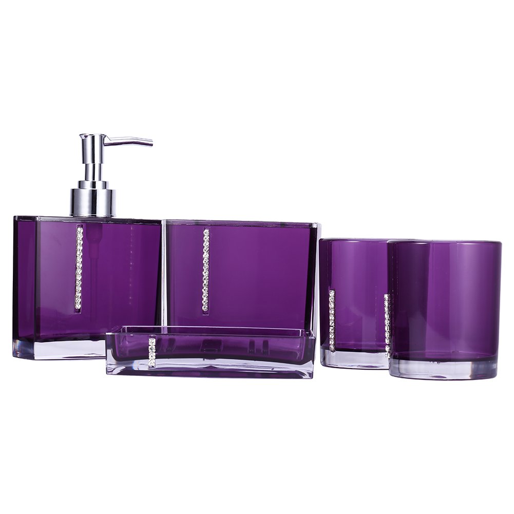 OVAQUIXI 5 Piece Purple Acrylic Bathroom Accessories Set - Toothbrush Holder, Soap Dish, Lotion Bottle & 2 Tumblers