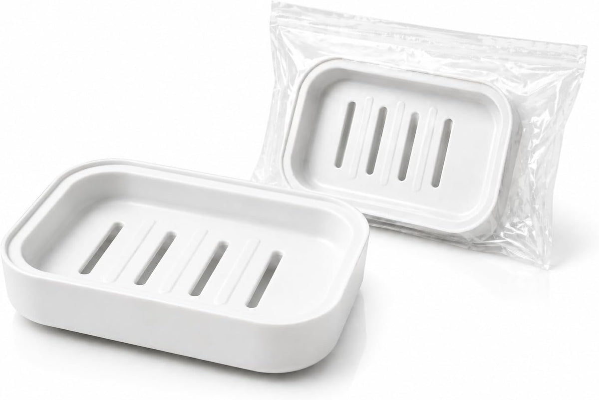 Soap Dish with Drainage, Plastic Soap Holder (White)