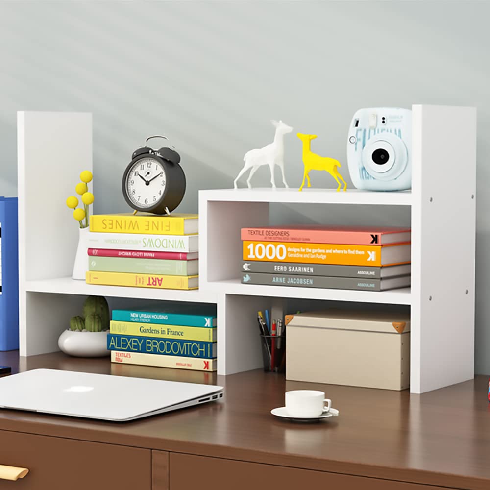Dyserbuy Desk Shelf, Adjustable Desktop Bookshelf, Small Book Shelf, Desk Book Storage, Wooden Desktop Organiser for Office, Home, Study, White