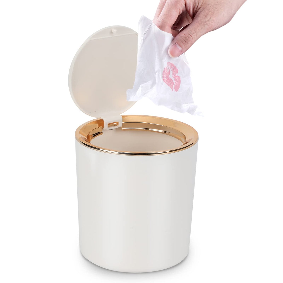 JEEZAO Mini Desktop Bin, Desk Trash Can with Lid, 2.6L Small Plastic Waste Table Bin for Bathroom, Office, Dressing Table, Kitchen (White)