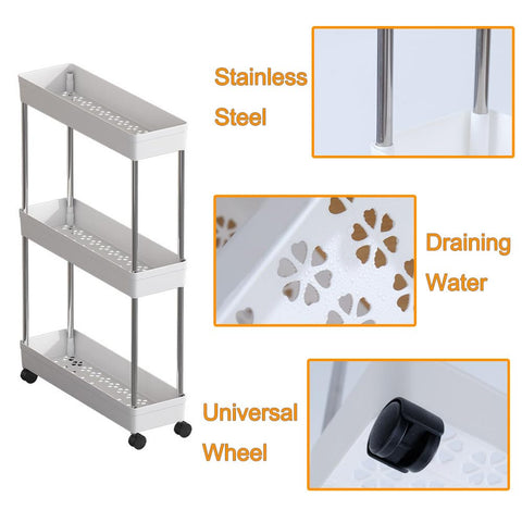 3-Tier Narrow Slim Storage Trolley Cart Slide-out Utility Mobile Shelving Space Organizer Shelf Rack Storage Cart on Wheels for Kitchen Bathroom
