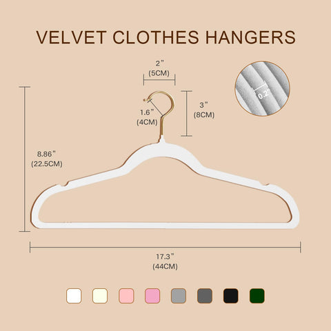 Wellong 22 Packs Velvet Clothes Hangers, 45cm Non-Slip Skirt and Dresses Hangers With Shoulder Notches, Space Saving for Adults - White With Gold Hook