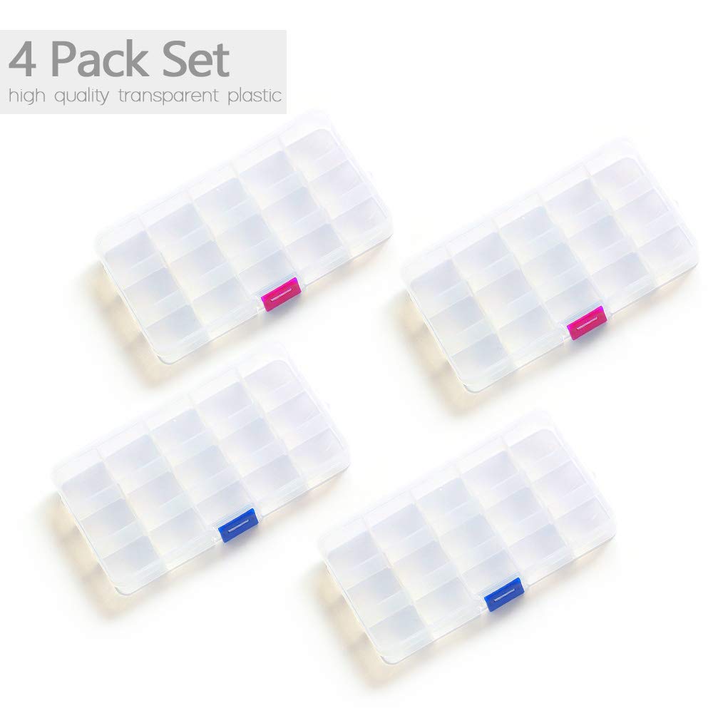 Opret 4 Pcs Bead Storage Box, 15 Grids Plastic Jewellery Organisers