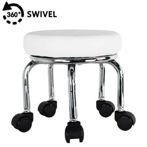 WKWKER Small Rolling Stool PU Leather Rotating Seat 360° Swivel Low Round Stool with Universal Wheels for Home Massage Garden Office Garage Shop