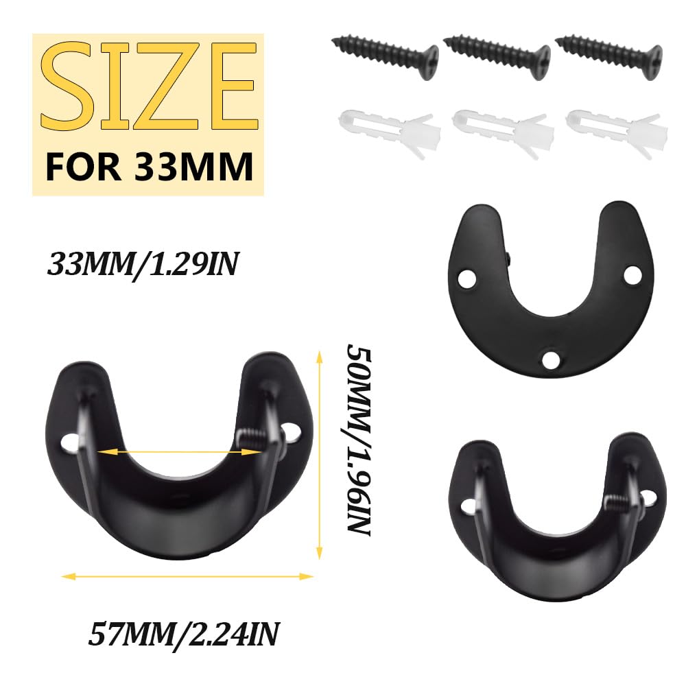 Ruidee 4PCS Flange Socket Stainless Steel U-shaped Rod Support Set for Closet, Wardrobe, Bathroom, Kitchen, etc (FL/Black/32MM)