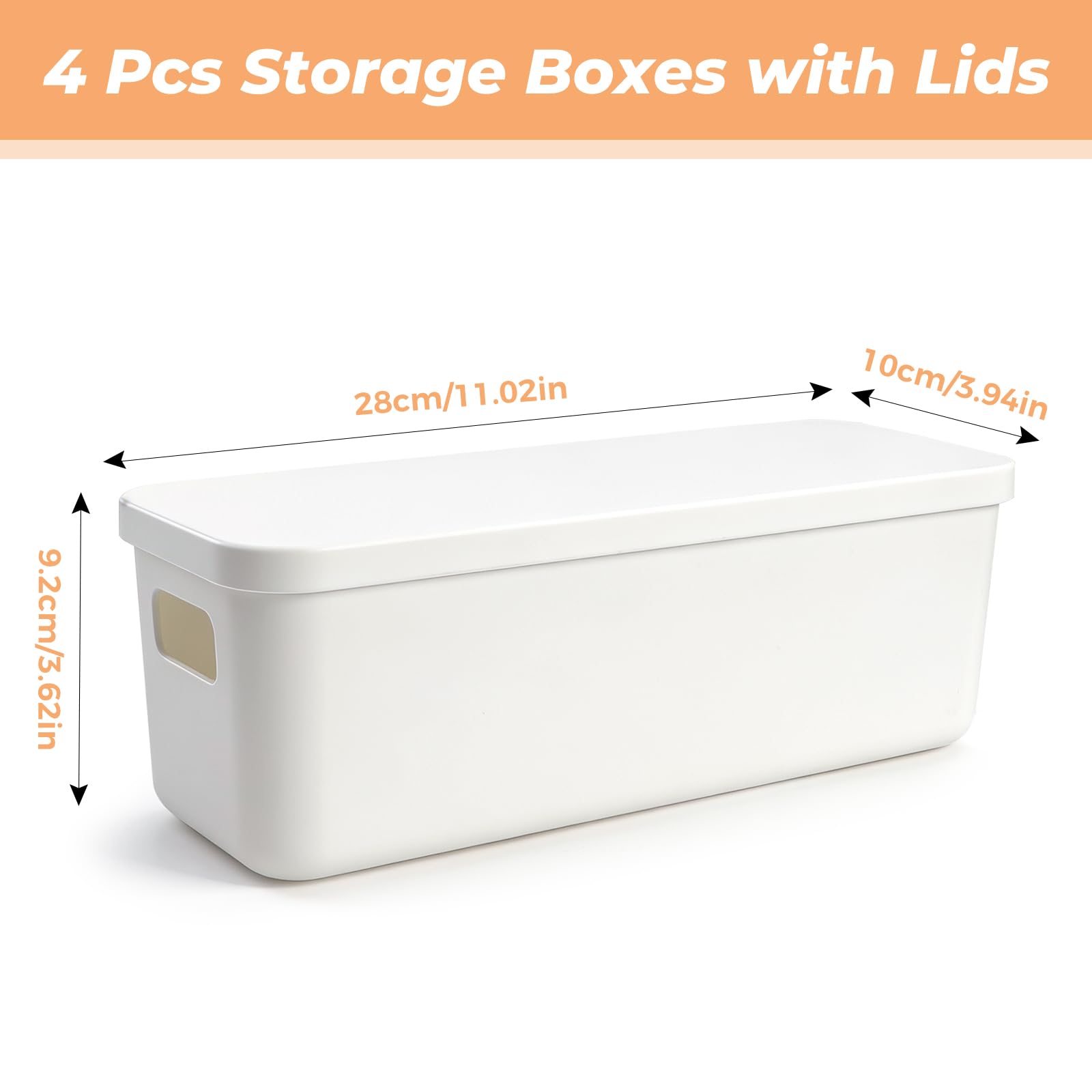 QUMENEY 4 Packs Narrow Plastic Storage Boxes with Lids White Shelf Baskets