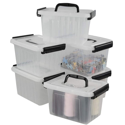 Lesbin 3 L Clear Plastic Storage Box with Lids, 6-Pack Small Latching Box with Handle