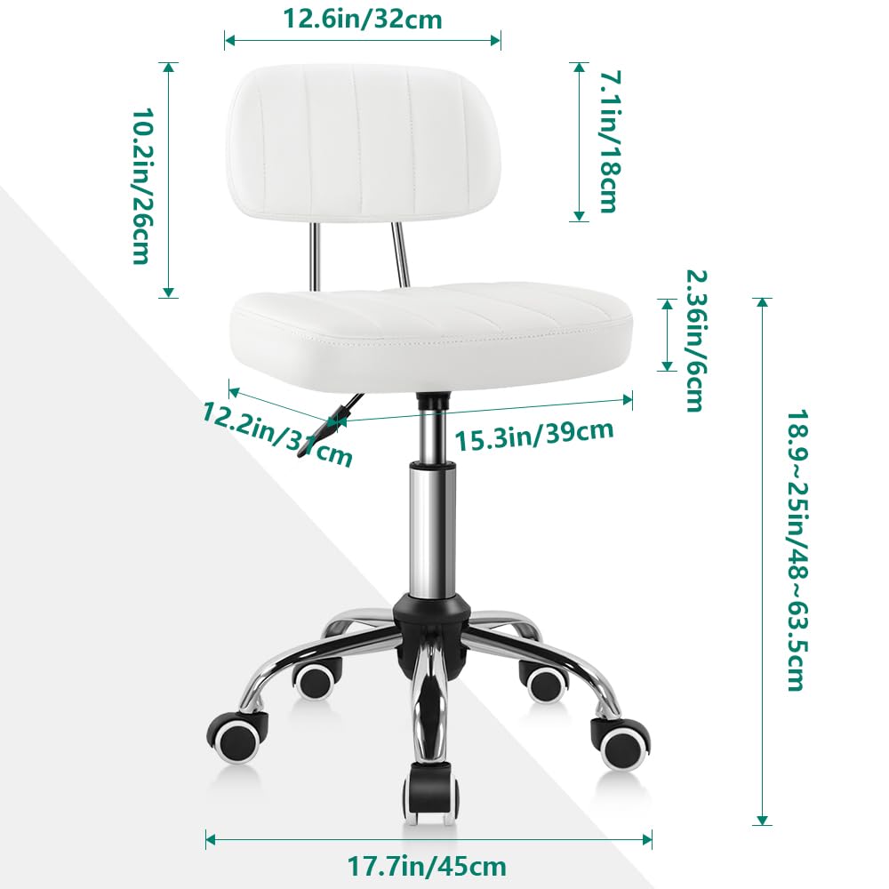 BFTOU Square Swivel Stool on Wheels Perfect for Work SPA Shop Massage Height-Adjustable and Cost-Effective Rolling Stool Chair with Back White