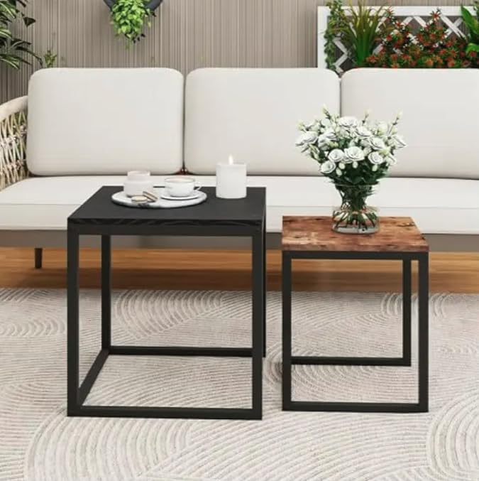HAHRIR Nesting Tables Set of 2 Wooden Coffee Table, Stacking Metal Frame, End Tables for Living Room (Black+Brown)