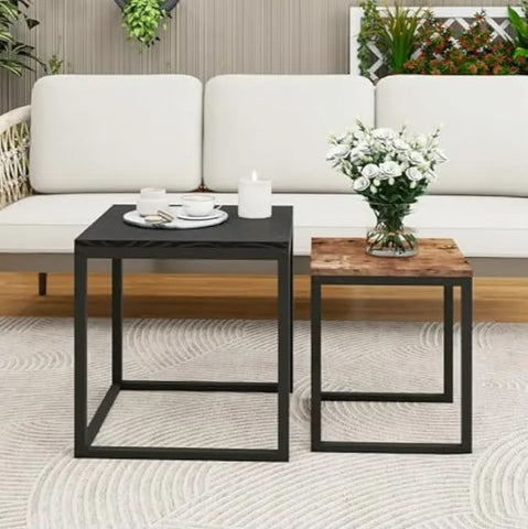 HAHRIR Nesting Tables Set of 2 Wooden Coffee Table, Stacking Metal Frame, End Tables for Living Room (Black+Brown)