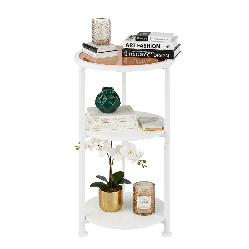 ZEXVIDA 3-Tier Round Side Table with Amber Tempered Glass Top,White & Amber