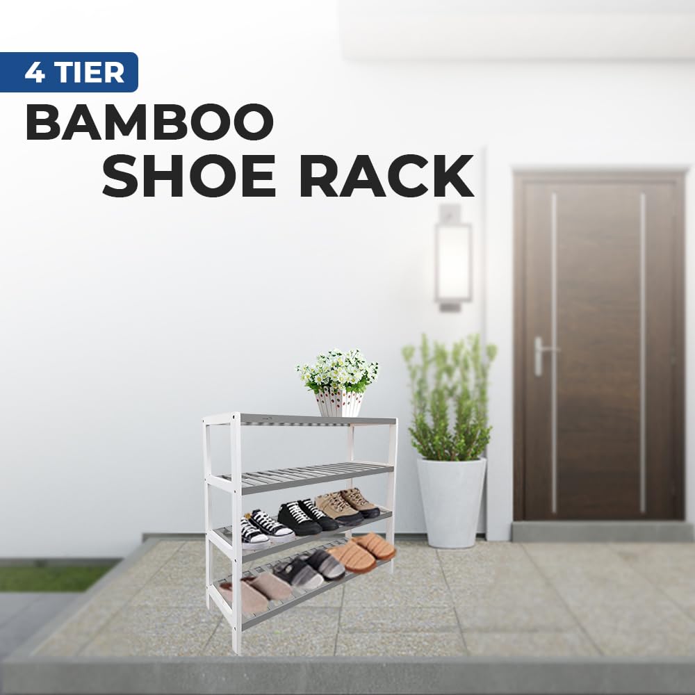 1ABOVE Bamboo Shoe Rack, Plant Rack, Perfect for Corridor, Living Room, Bathroom, Bedroom, Hallway or Small spaces-Parent. (Grey & White, 4 Tier)