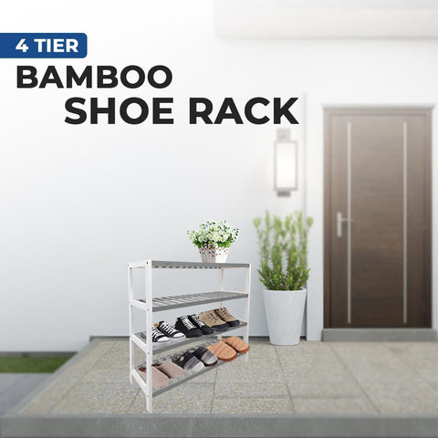 1ABOVE Bamboo Shoe Rack, Plant Rack, Perfect for Corridor, Living Room, Bathroom, Bedroom, Hallway or Small spaces-Parent. (Grey & White, 4 Tier)