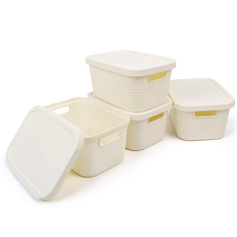 Spesh 4 Pcs Storage Boxes with Lids 3.5L Small Storage Baskets Stackable Plastic Storage Boxes for Home Office Cupboard(White, 24 * 17 * 12cm)