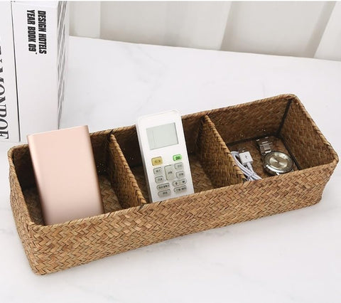 Toilet Tank Basket, Seagrass Storage Basket for Bathroom, Wicker Woven Bathroom Organizer with 3 Compartments, Small