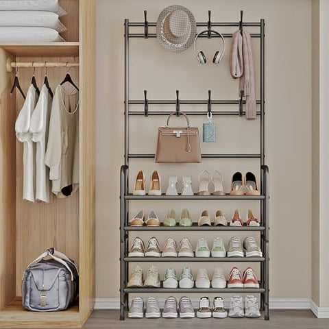 Dazioter Coat Rack Shoe Rack With Storage Shelf Freestanding with 8 Hooks for Entryway Bedroom (Brown, 4Tier)