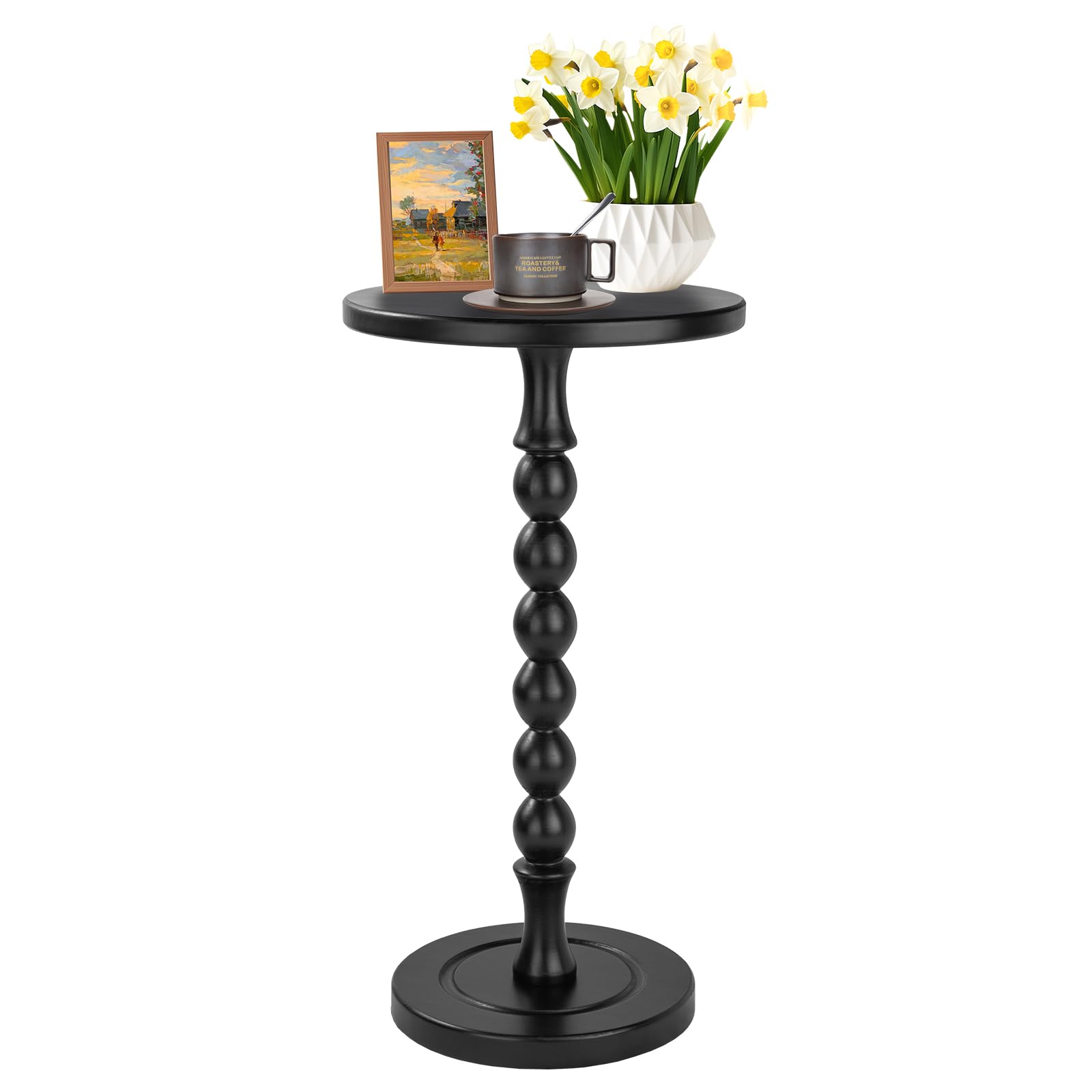 Lampaggio Round Side Table for Small Spaces, Drink Table with Oak Wood Pedestal, Modern End Table Nightstand for Living Room, Bedroom, Office