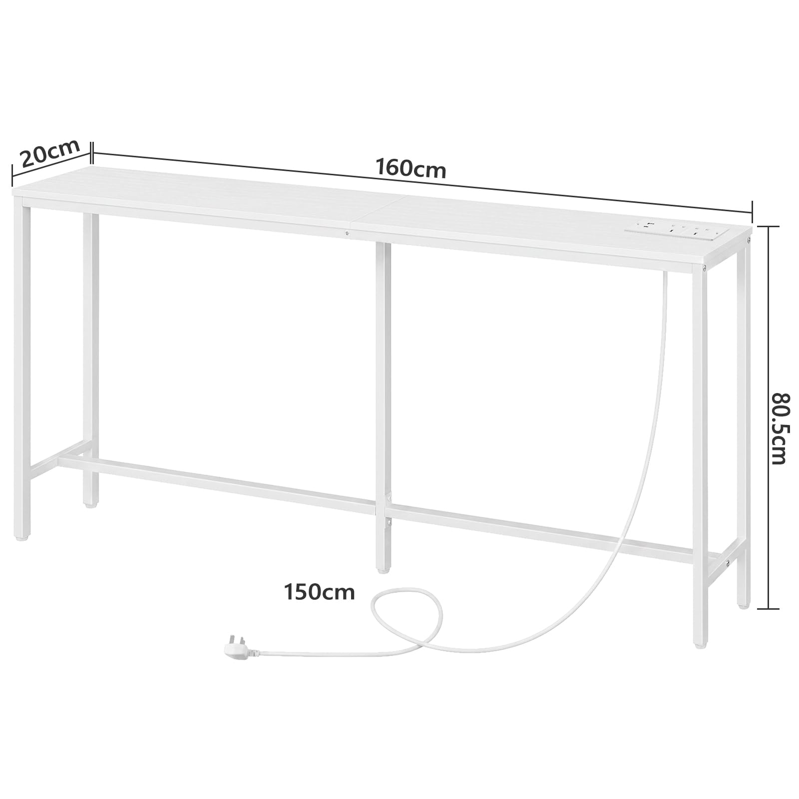 MAHANCRIS Console Table with Power Outlet, 160 cm Narrow Sofa Table, Industrial Entryway Table with USB Ports, Behind Couch Table for Entryway