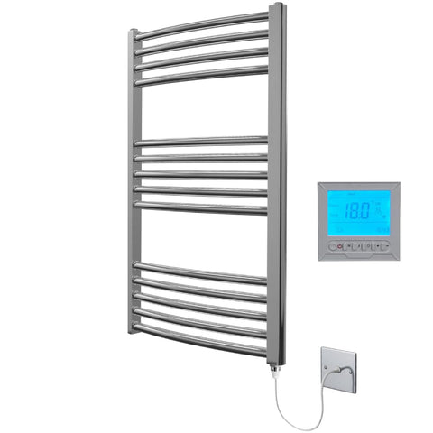 Greened House Electric Chrome 500W x 800H Curved Towel Rail + Timer and Room Thermostat Bathroom Towel Rails