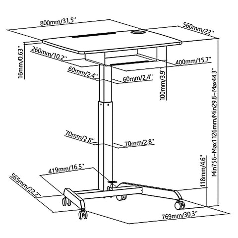 Maclean MC-903 Höhenverstellbarer Laptoptisch mit Rollen und mit Einer Schublade Sitz-steh-Schreibtisch Höhenverstellbar bis max. 113cm max. 8kg