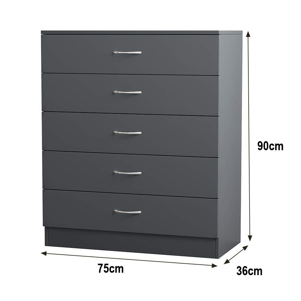 NRG Grey 5-Drawer Chest with Metal Handles, Storage Cabinet 75 x 36 x 90cm