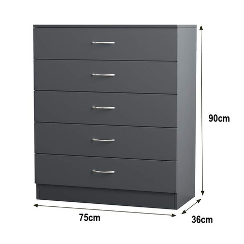 NRG Grey 5-Drawer Chest with Metal Handles, Storage Cabinet 75 x 36 x 90cm