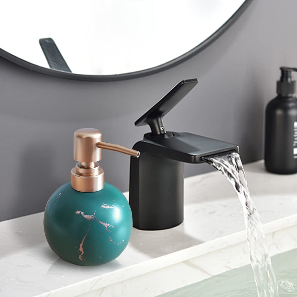 Gold Soap Dispenser, Cute Marble Round Ceramic Lotion Bottle(Dark Green)